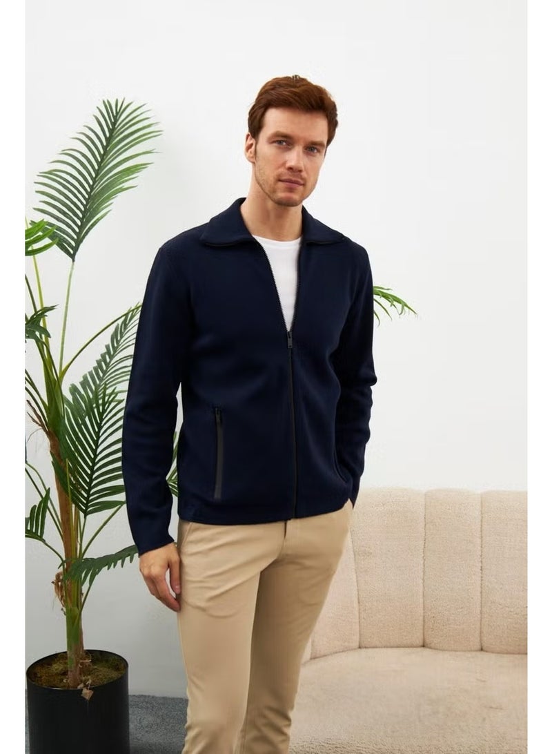Odelon Men's Waterproof Zippered Cotton Knitwear Cardigan Navy Blue HRK201 - Image 4